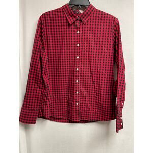 Lands' End Red black plaid no iron‎ supima long sleeve button 14 Petite women’s